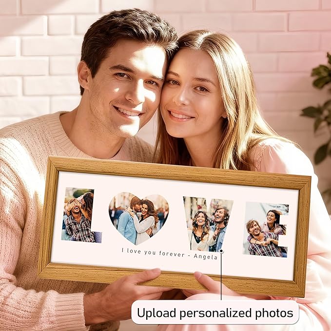 Gifts for Him/Her - Personalized Photo Frame with LOVE Letters Design, Natural Wood, Wall Mount or Tabletop Display, Gifts for Boyfriend Girlfriend Anniversary Birthday Valentine's