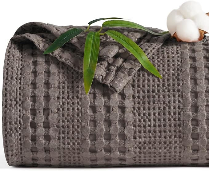PHF Cooling Waffle Blanket Queen Size, Lightweight 60% Rayon Derived from Bamboo & 40% Cotton Breathable Blanket for Hot Sleepers, Soft and Luxury for Bed Couch and Sofa, 90"x90", Dark Grey