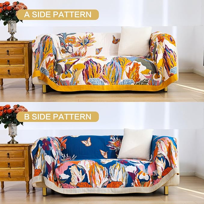 Boho Large Throw Blanket, 100% Organic Cotton Breathable Soft Bed King Throw - Fall Floral Bird Butterfly Farmhouse Decor Blanket for Sofa Couch Chair and Gift. 91" x 98"