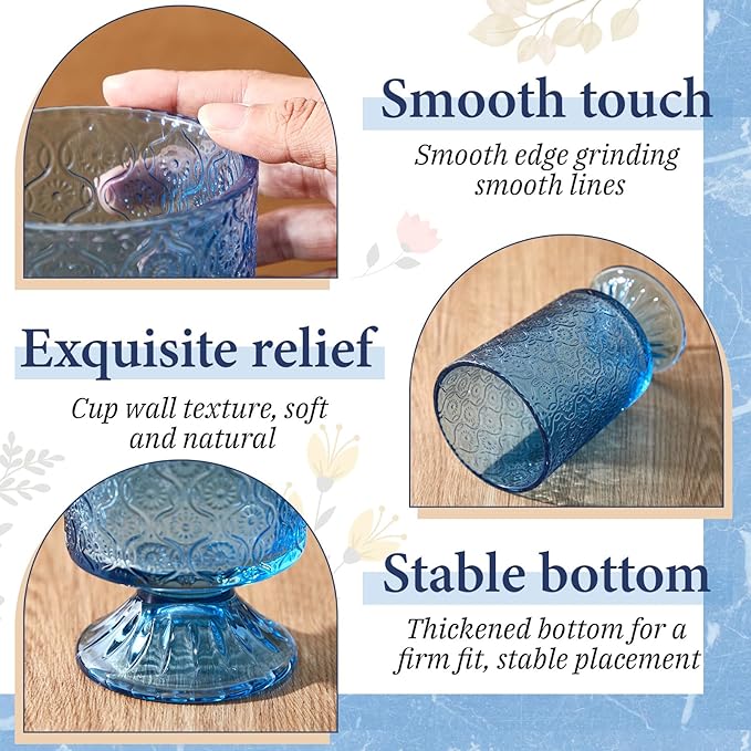 6 Pcs (H:7" W:4") Embossed Flower Vase Fall Pedestal Glass Vase Big Base Thickened Crystal Vintage Vases for Autumn Wedding Home Decor Table Centerpiece House Warming Gifts(Blue)