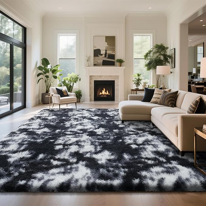 Fluffy Rug Shaggy Area Rug, Mottling Black 6x9 Area Rugs for Living Room, Large Shag Area Rugs for Bedroom Kids Room Home Decor, Upgrade Anti-Skid Rectangular Fuzzy Rugs