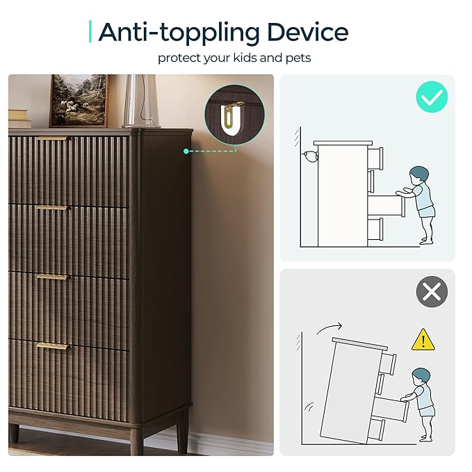 LINSY HOME Fluted Dresser for Bedroom with 8 Drawers, 47" Wide Mid Century Modern Dressers, Tall Boho Chest of Drawer, Large Wood Accent Storage Cabinet for Living Room, Curved Profile Design, Walnut