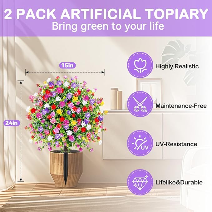 Artificial Boxwood Topiary Ball Trees with Ground Spikes UV Resistant Faux Greenery Shrubs Fake Shrubs for Outdoors, Realistic Faux Plants Bushes for Garden Porch Yard Patio Decor (Multi)