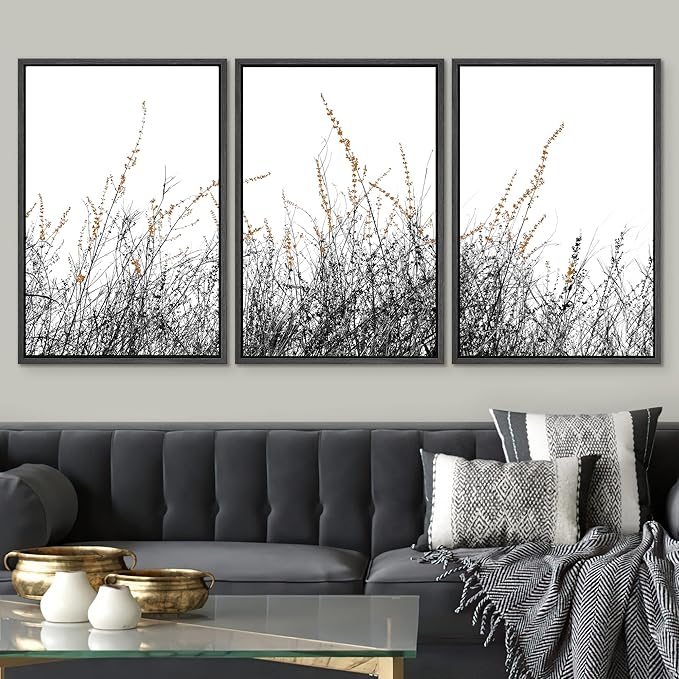 SIGNWIN 3 Piece Framed Canvas Wall Art Wild Grass Field Nature Wilderness Photography Abstract Landscape Canvas Prints Home Artwork Decoration for Living Room,Bedroom - 16"x24"x3 Panels