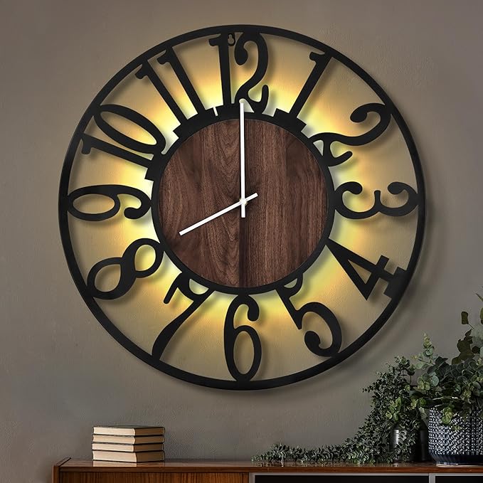 LEIKE Large Wall Clocks with Night Light Battery Operated,Silent Non Ticking,Rustic Modern Big Wood Clock for Living Room, Bedroom,Kitchen,Farmhouse,Office,Home Decor-30 Inch(Black-Arabic Number)