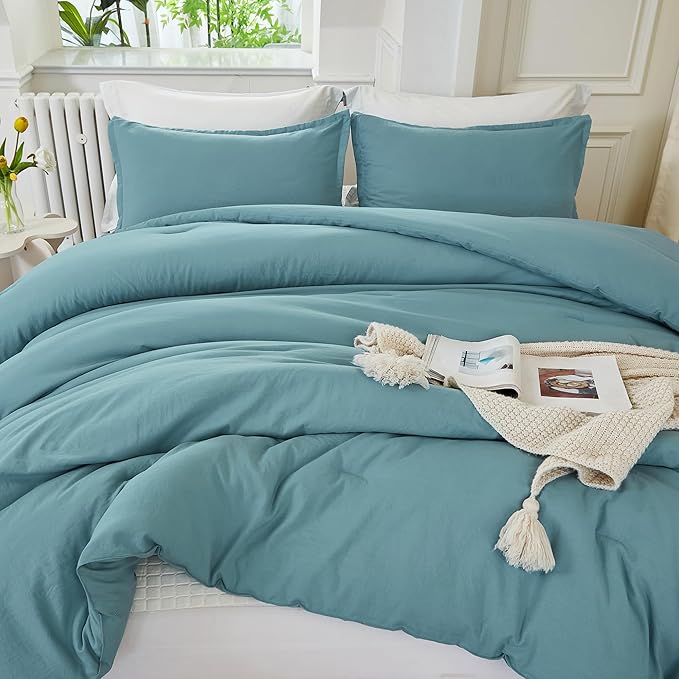 Litanika Grayish Teal Comforter King Size, 3 Pieces Lightweight Solid Bedding Set, All Season Fluffy Bed Set (104x90In Comforter & 2 Pillowcases)