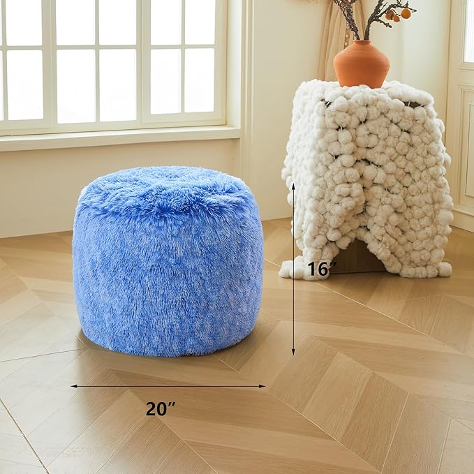 XeGe Fluffy Faux Fur Inflatable Pouf Ottoman, Soft Shaggy Fuzzy Foot Stool, Plush Furry Foot Rest Floor Pouf Anti-Slip, Foldable Round Ottoman Cushion Living Room Bedroom Home Decor, Ombre Blue