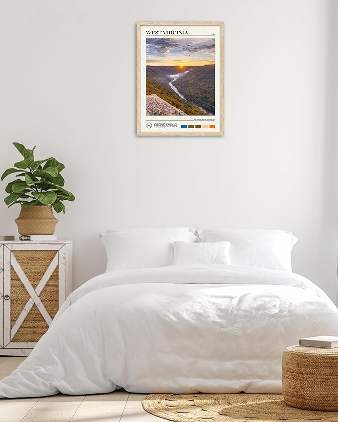 HesenDot Natural OAK Wood Framed West Virginia Wall Art,12x16in New River Gorge Quality Canvas Wall Print,Classic Urban Landmark Wall Decor for Living Room,Bedroom,Office Gallery Gifts Set of 1