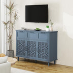 Sideboard Buffet Cabinet with Storage - Accent Storage Cabinet with Hollow Carved Pattern, Modern 3 Door 3 Drawer Farmhouse Wood Credenza for Living Room, Dining Room (Blue)