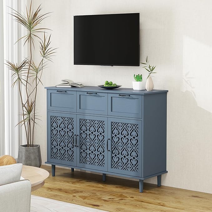 Sideboard Buffet Cabinet with Storage - Accent Storage Cabinet with Hollow Carved Pattern, Modern 3 Door 3 Drawer Farmhouse Wood Credenza for Living Room, Dining Room (Blue)