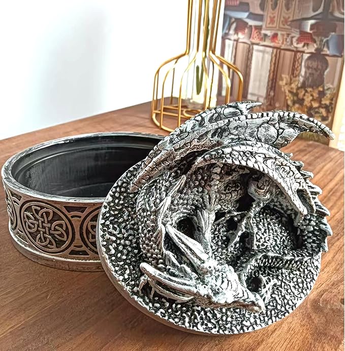 Dragon Statue Jewelry Box, Medieval Fantasy Myth Dragon With Cover Treasure Box, Dragon Statue Decoration Collection Gift Box. (Sliver)