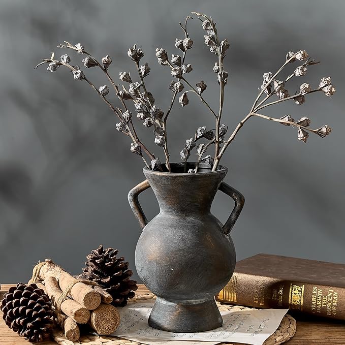 LUKA Antique Ceramic Vase with 2 Handle,9.25 inches Rustic Vase Minimalist Decor, Decorative Vases for Home Decor, Table, Living Room, Shelf, Christmas Decoration(Large,Black)
