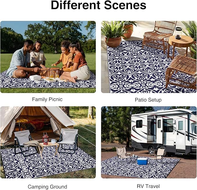 OLANLY Outdoor Rug Waterproof 8x10 ft Clearance, Reversible Outdoor Plastic Straw Rug with Floral Pattern, RV Mat for Patio, Camping, Balcony, Deck, Backyard, Navy & White