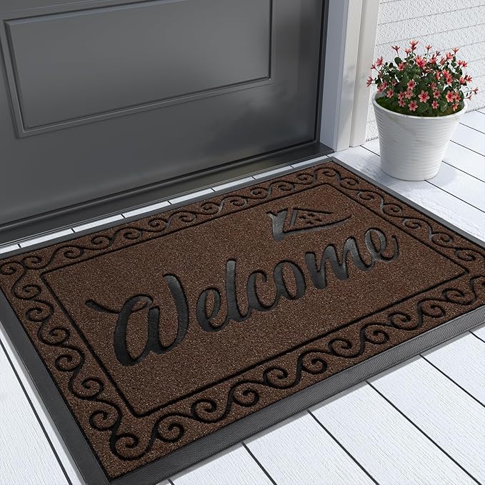 Yimobra Welcome Mat Outdoor Indoor, Waterproof Heavy Duty Front Door Mat Outside Entrance, Extra Sturdy Non-Slip Doormat, Low Profile, Dirt Trapping, 36x24 Inches, Coffee