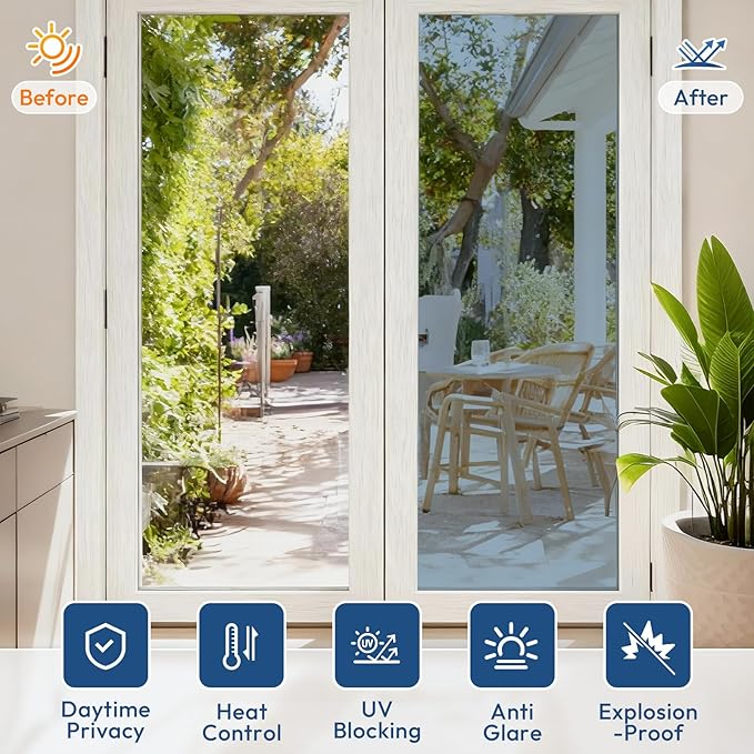 rabbitgoo Window Tint for Home One Way Privacy Window Film See Out Not in Heat UV Blocking Reflective Removable Static Cling Mirror Decorative House Glass Covering, Silver, 23.6 Inch X 6.5 Feet