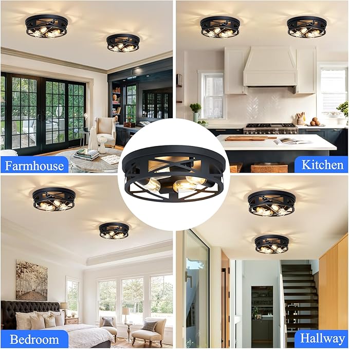 Flush Mount Ceiling Light Fixture,14 inch 4-Light Ceiling Light Fixture for Hallway, Black Hallway Light Fixtures Ceiling,Light Fixtures Ceiling Mount for Kitchen,Farmhouse,Hall (2 Pack)