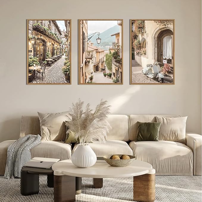 HPINUB Foreign Scenery Framed Canvas Wall Art Set,Vintage Travel City Wall Decor,Modern Minimalist Europe Street Picture Artwork Nature Landscape Art Print for Living Room,Bedroom-16 x24 x3
