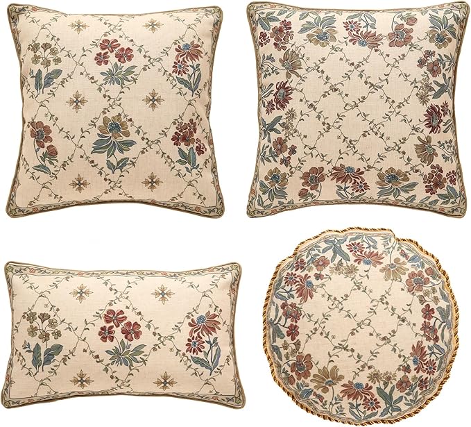 patdrea Designer Throw Pillow Covers Set of 4,Euro Vintage Light Brown Linen with Floral Collection Pattern Pillow Cover,Decorative Square Lumbar Round Pillowcases Cushion for Bed Living Room Car