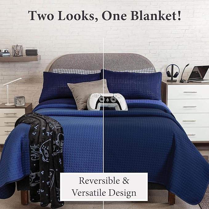 Vianney King Size Comforter 110x93 Inches Reversible Lightweight Quilt Blanket in Electric Blue and Navy Blue with Geometric Square Pattern for Stylish All-Season Bedding