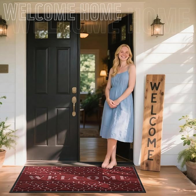 Yimobra Welcome Mat Outdoor Indoor, All-Season Waterproof Front Door Mat Outside Entrance, All-Weather Heavy Duty Non-Slip Doormat, Low Profile Porch Patio Entrance Mats, 60x36, Red