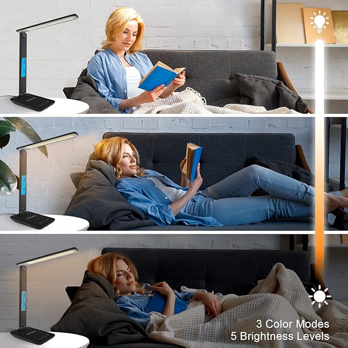 Desk Lamp with Wireless Charger，USB Charging Port, Dimmable Office Desk Light with Clock, Alarm, Date, Temperature, Foldable Lamp for Table Bedroom Bedside Office (Black, Standard Size-13.3 inch)