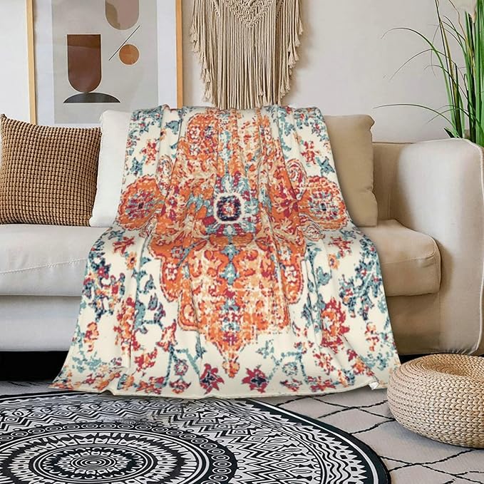 HGOD DESIGNS Carpet Pattern Throw Blanket Boho Style Ethnic Design Orange Blue Soft Blankets and Throws 50x60 Inch Caring for Women Men (130x150cm)