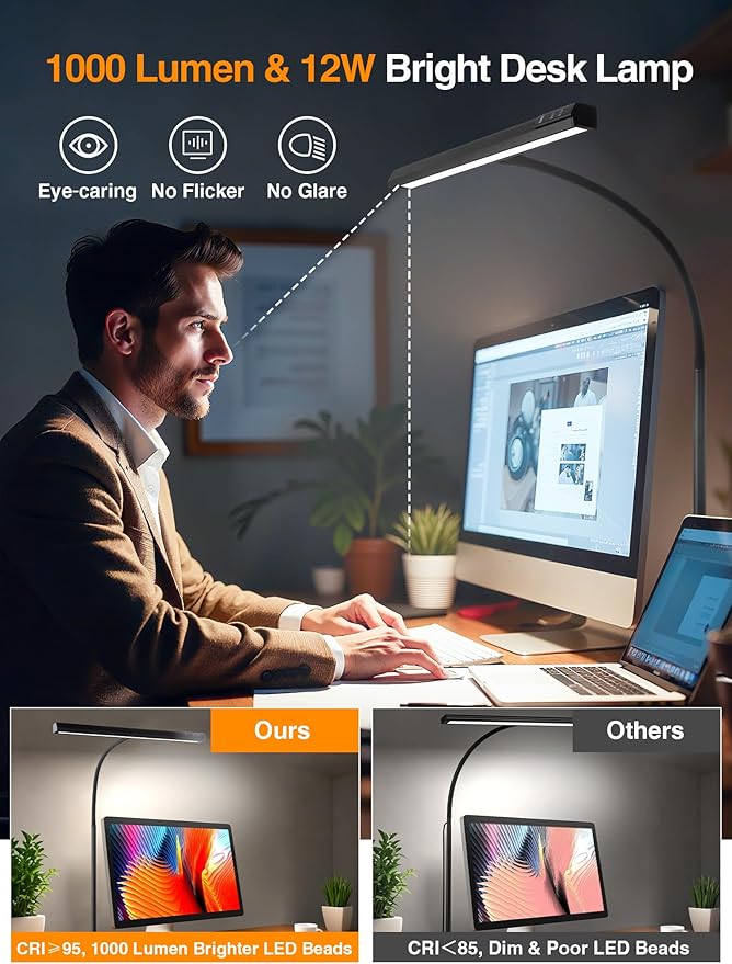 LED Desk Lamps for Home Office,5 Color+9 Brightness Desk Light,Touch & Remote Control,1000 Lumen Bright Monitor Light with Timer,12W USB Adapter Clamp Lamp for Computer, Reading, Study, Workbench