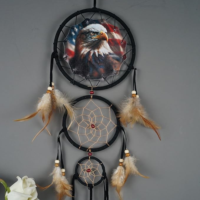 Remorelt Wolf Eagle Bear Dream Catcher Bedroom Wall Decor, Christmas Home Decoration, Room Accessory, White Moon Feather Decoration - Unique Home Craft Wall Pendant (DC14 Eagle W/Flag)