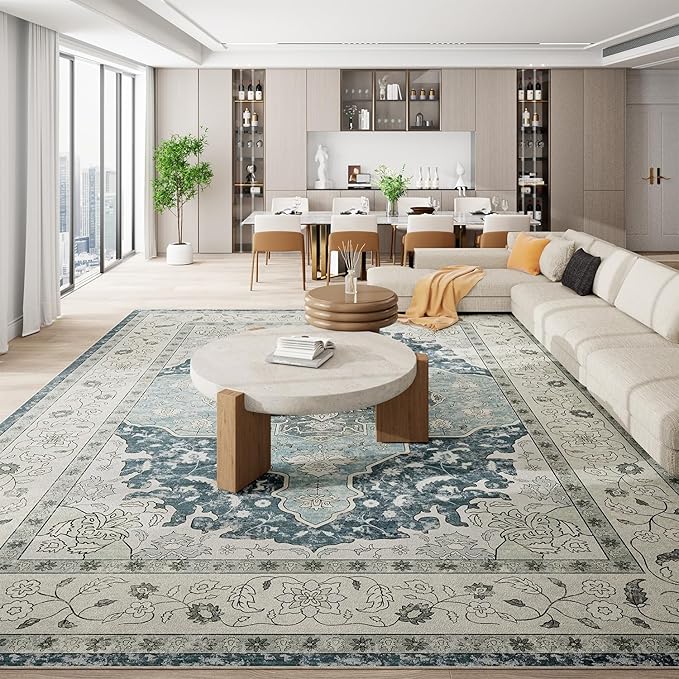 Topllen Washable Area Rug - Area Rug 6'x9' Boho Soft Living Room Rug, Non-Slip Large Area Rugs Indoor for Dining Room Livingroom Bedroom, Vintage Rug (Blue, 6x9ft)