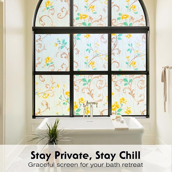Volcanics Stained Glass Window Film, Frosted Glass Window Privacy Film, Decorative Window Clings, Floral Design Static Cling Sun Blocking Tint for Bathroom, 17.5 x 78.7 Inch