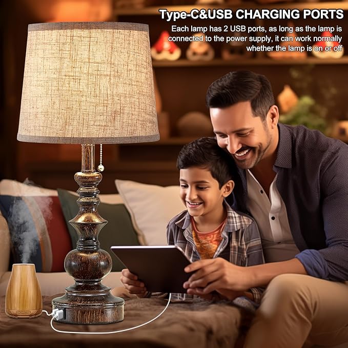 22'' Farmhouse Bedside Table Lamps Set of 2 for Bedroom Nightstand Lamps with USB A+C Charging Ports Traditional Small Table Lamp for Living Room End Tables,Pull Chain,Bulbs Not Included