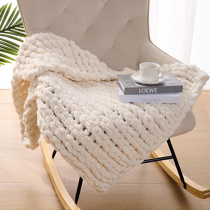 L'AGRATY Chunky Knit Blanket Throw: 30''x40'' Chenille Chunky Knitted Throw Blankets for Bed Couch - Handmade Thick Big Cable Knit Blankets - Large Crochet Rope Blanket for Home Decor(Ivory)