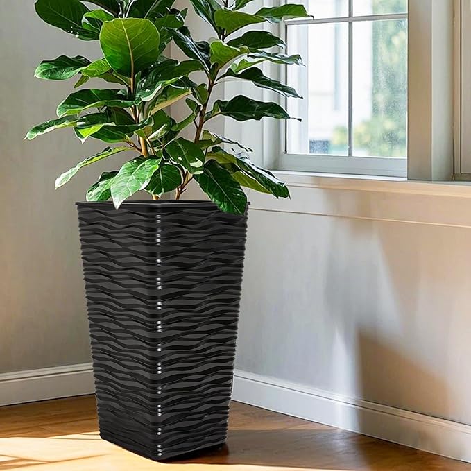 Worth Garden 2-Pack 22" H. Black Square Tapered Planter with Inside Pots - Plastic Plant Pots for Indoor Outdoor - Modern Wavy Finish Decorative Flower Pots for Front Porch Containers Patio Deck
