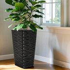 Worth Garden 2-Pack 22" H. Black Square Tapered Planter with Inside Pots - Plastic Plant Pots for Indoor Outdoor - Modern Wavy Finish Decorative Flower Pots for Front Porch Containers Patio Deck