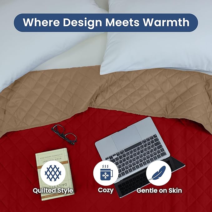 Martex Reversible Coverlet – Twin Bed Quilt – Lightweight Twin Size Bedding – Durable Quilts for Bed – Soft - Easy Care Bedding – Khaki/Red
