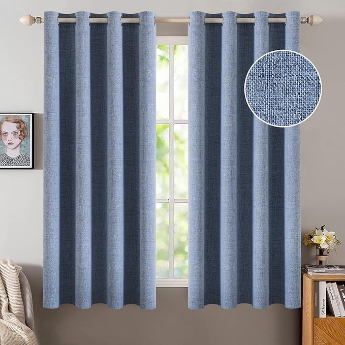 MIULEE Linen Texture Curtains for Bedroom Solid 100% Blackout Thermal Insulated Stone Blue Curtains Grommet Room Darkening Drapes Luxury Decor for Living Room Nursery 52x45 Inch (2 Panels)
