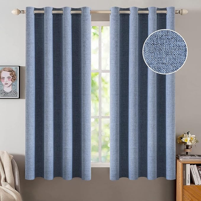 MIULEE Linen Texture Curtains for Bedroom Solid 100% Blackout Thermal Insulated Stone Blue Curtains Grommet Room Darkening Curtains/Drapes for Living Room Nursery 52x63 Inch (2 Panels)