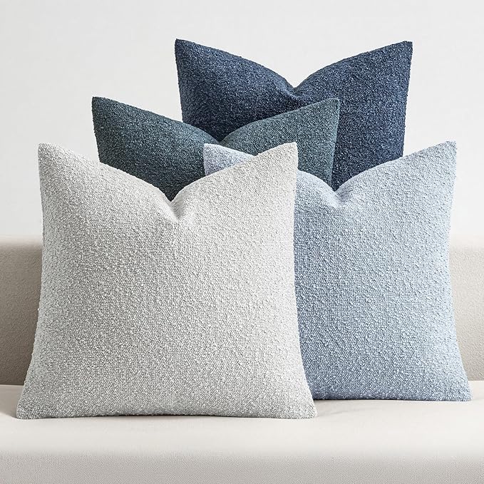 MIULEE Pack of 4 Decorative Textured Boucle Throw Pillow Covers 22x22 Inch Neutral Blue Accent Euro Sham Pillow Cases Couch Cushion Covers Modern Farmhouse Boho Chair Sofa Bed Livingroom Home Decor