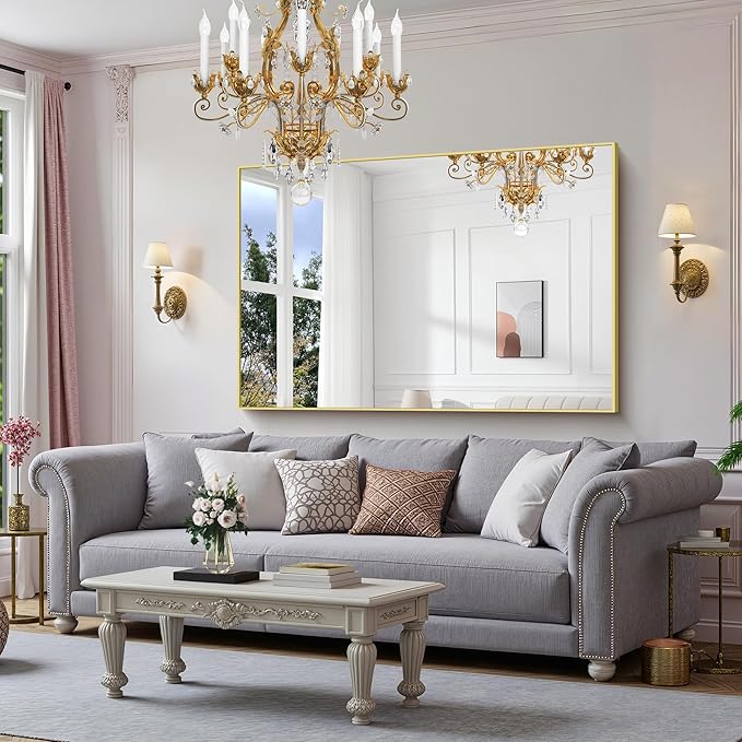 YIROMAN Bathroom Mirror 60"x40", Large Brushed Gold Bathroom Mirror for Over Sink with Aluminum Frame, Rectangular Vanity Mirror with Right Angle, Wall Mirror Hangs Horizontal or Vertical