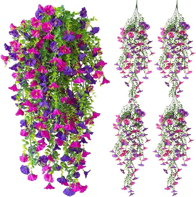 Artificial Hanging Flowers – 4 Pack UV Resistant Fake Morning Glory Vine Faux Plants for Porch, Patio, Balcony, Garden, Indoor & Outdoor Decor (Purple & Hot Pink)