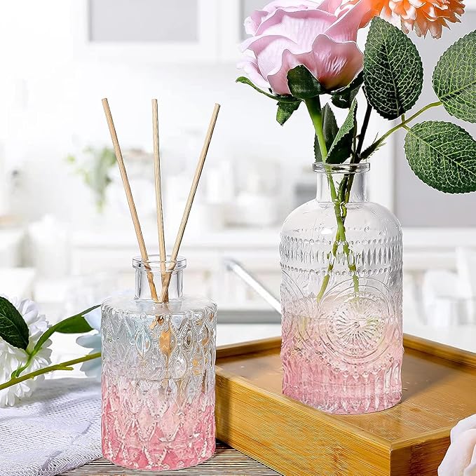 Pink Glass Bud Vases Set of 20 - Mini Vintage Vases for Wedding Decorations Home Table Flower Decor, Small Carved Design Glass for Centerpieces