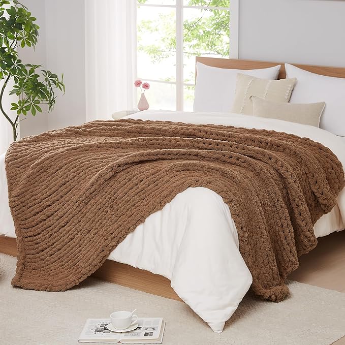 L'AGRATY Chunky Knit Blanket Throw - Soft Chenille Yarn Throw Blanket 40x50： Handmade Thick Cable Knit Crochet Blanke - Large Knit Blanket Chunky Rope Knot Throw Blanket for Couch Sofa Bed Home Decor