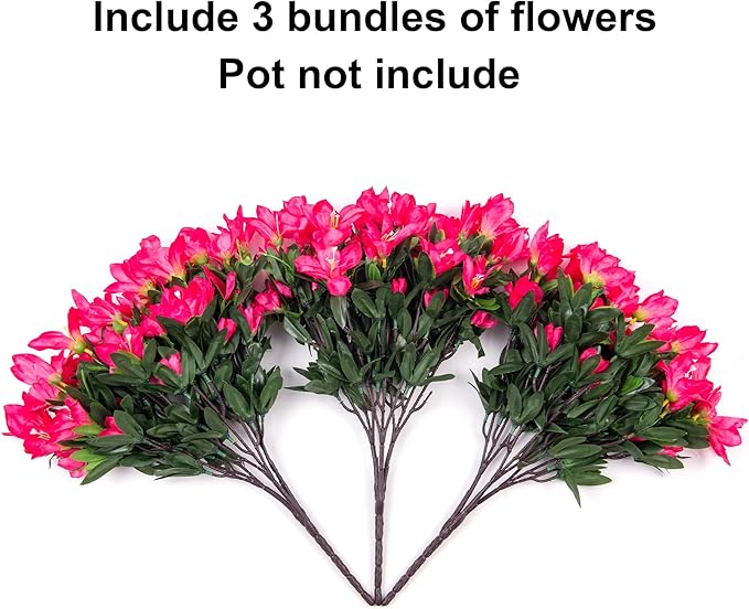 Artificial Flowers for Outdoors, 3 Bundles Fake Silk Azalea Bouquet Faux Flower Plants Outside Decoration UV Resistant Realistic Fake Flowers for Planter Front Door Patio Garden Walkways Home, Hotpink