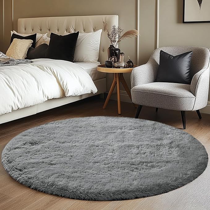 CAIYUECS Grey Round Fluffy Rug for Bedroom: Grey 5x5Feet Soft and Fluffy Area Rug for Living Room- Circle Fuzzy Bedroom Rugs- Gray Furry Plush Rug for Kids Room, Nursery (5ft, Gray)