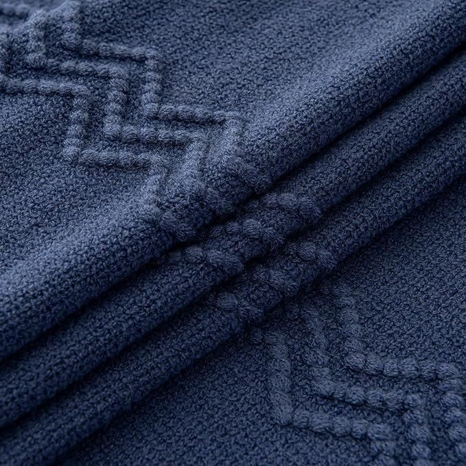 MIULEE Navy Blue Knitted Throw Blanket for Couch Textured Knit Blanket with Tassels Cozy Woven Boho Bed Blanket for Sofa Bed Chair Acrylic Wave Pattern 50"x60"