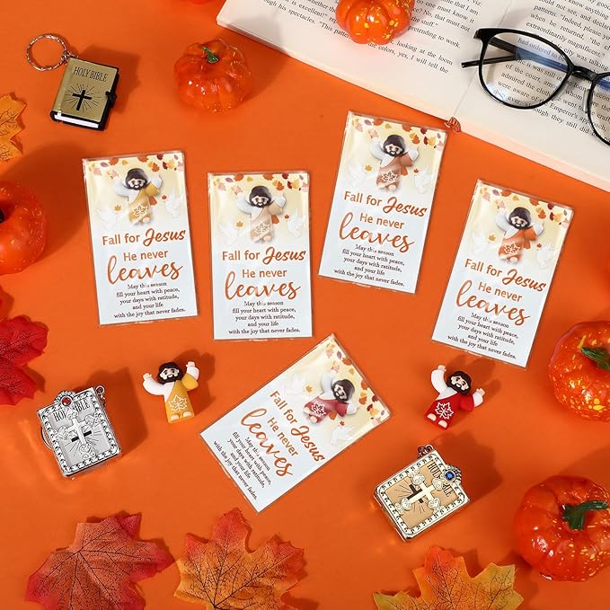 50 Pcs Thanksgiving Fall Jesus Figures Bulk 50 Fall for Jesus He Never Leaves Cards Little Maple Leave Figurines Greeting Cards Mini Pocket Figures for Religious Party Favors Gifts