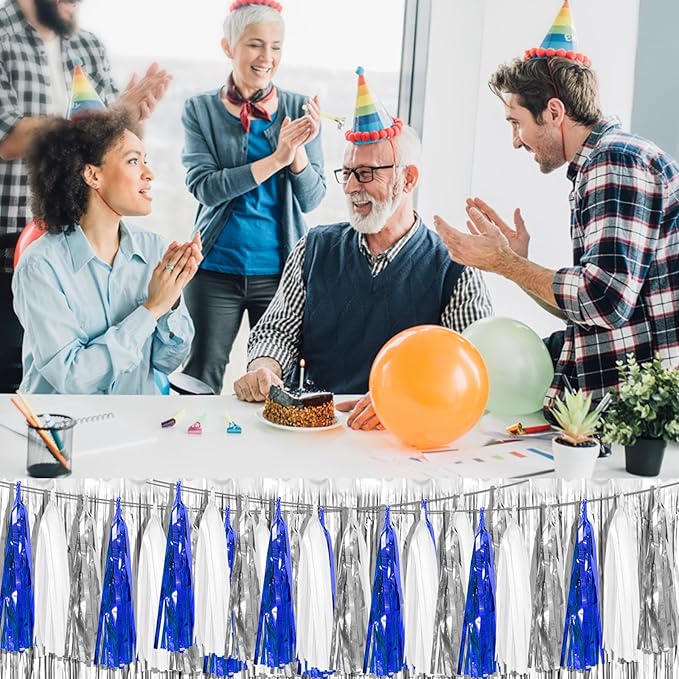 3P Navy-Blue White-Silver Tassel Garland Banner, Tassels Banner Streamers for Parade Floats, Bachelorette, Wedding, Birthday, Halloween, Christmas, Bridal/Baby Shower Party Decorations