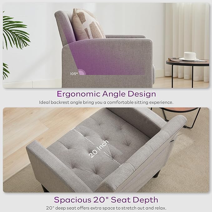 TYBOATLE Accent Chairs Set of 2 Comfy Living Room Chair Tufted Mid Century Modern Accent Chair, Cozy Upholstered Reading Arm Chair for Office, Bedroom (Light Grey, Set of 2)