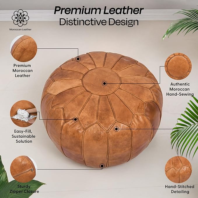 Moroccan Leather Handmade Pouf Ottoman Cover – Unstuffed Foot Stool, Boho Foot Rest for Living Room, Bedroom – Gift for Housewarming or Weddings