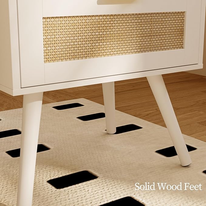 Rattan Nightstand,Farmhouse Bedside Table with 2 Storage Drawer and Open Wood Shelf, for Bedroom and Small Spaces,Night Stand with Solid Wood Legs (White)